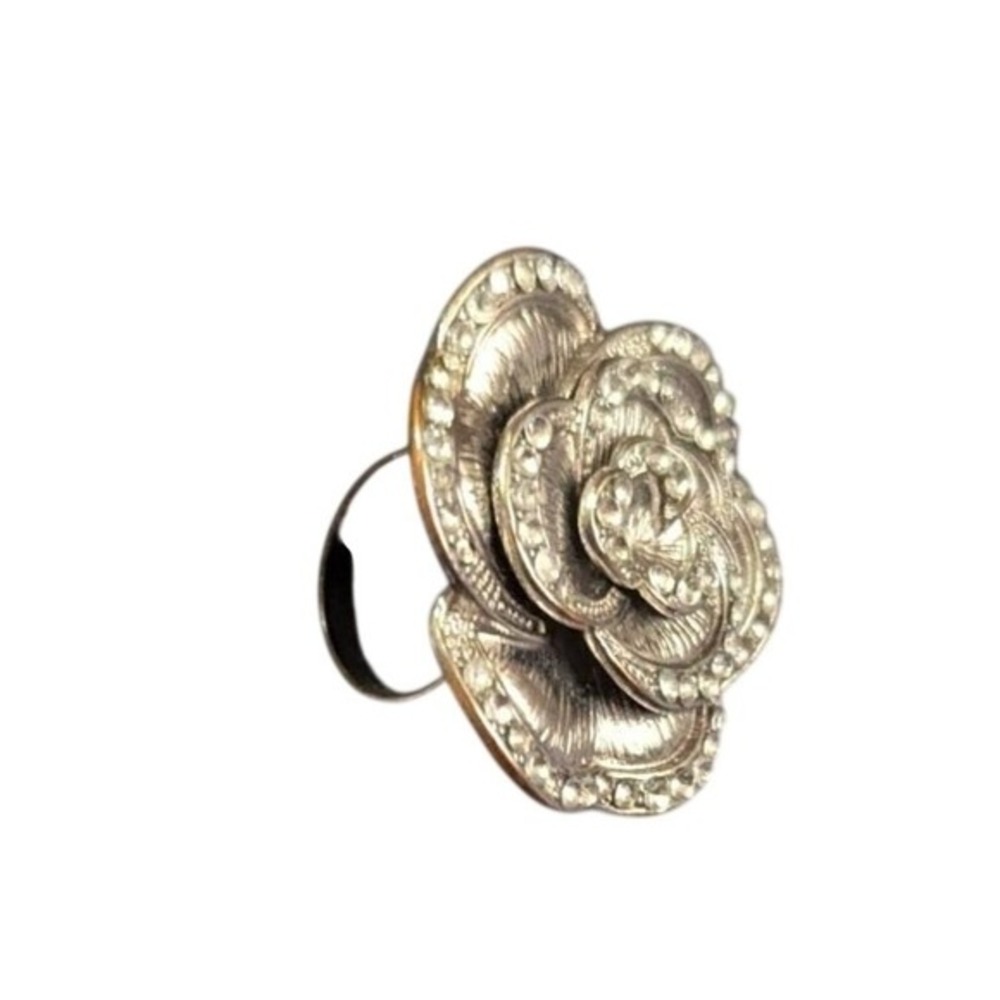 Silver Copper Tone Rhinestone Rose Cocktail Statement Ring Size 8 Art Deco Style